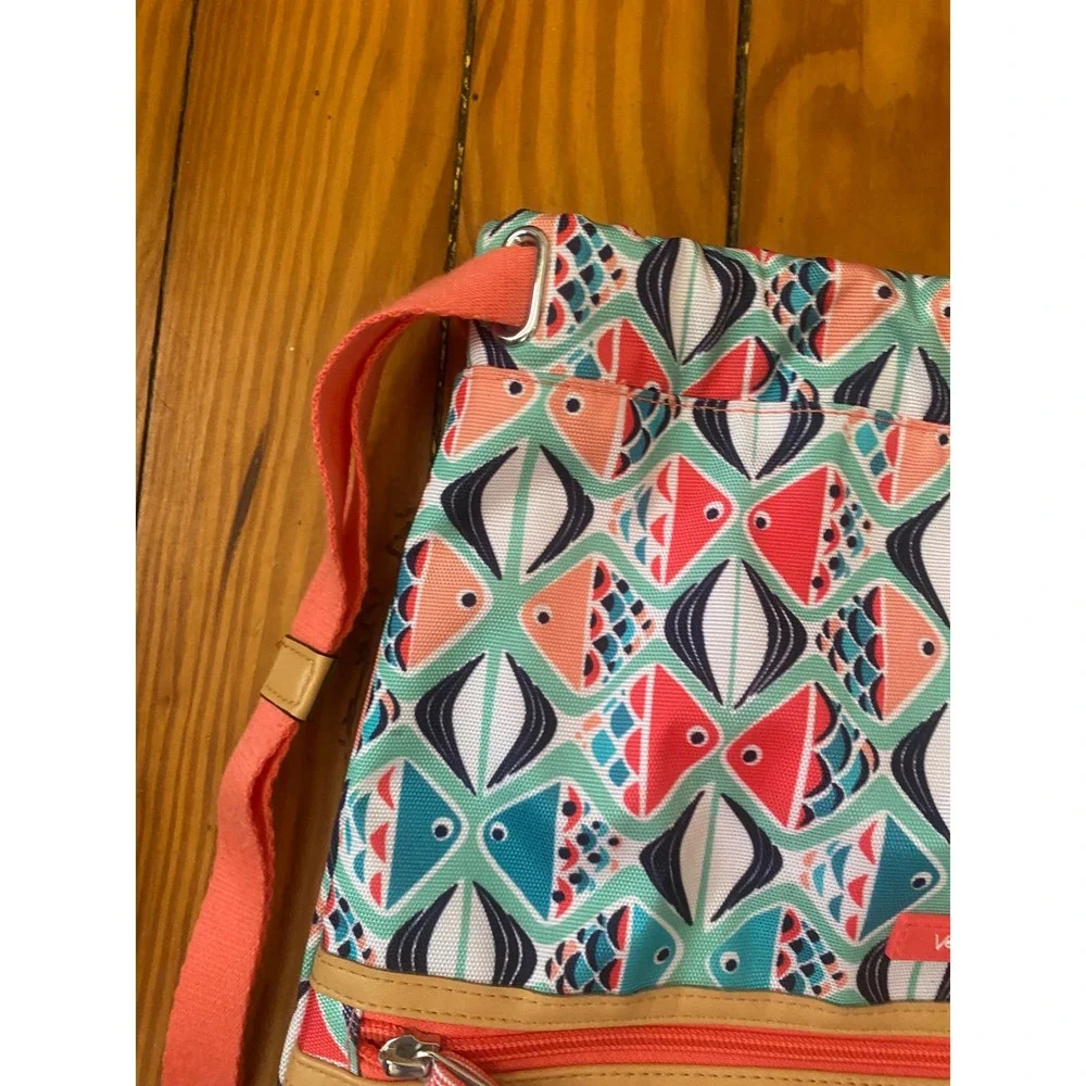 Vera Bradley Fish Print Drawstring Backpack Coral Teal Geometric Beach‎ Gym Bag